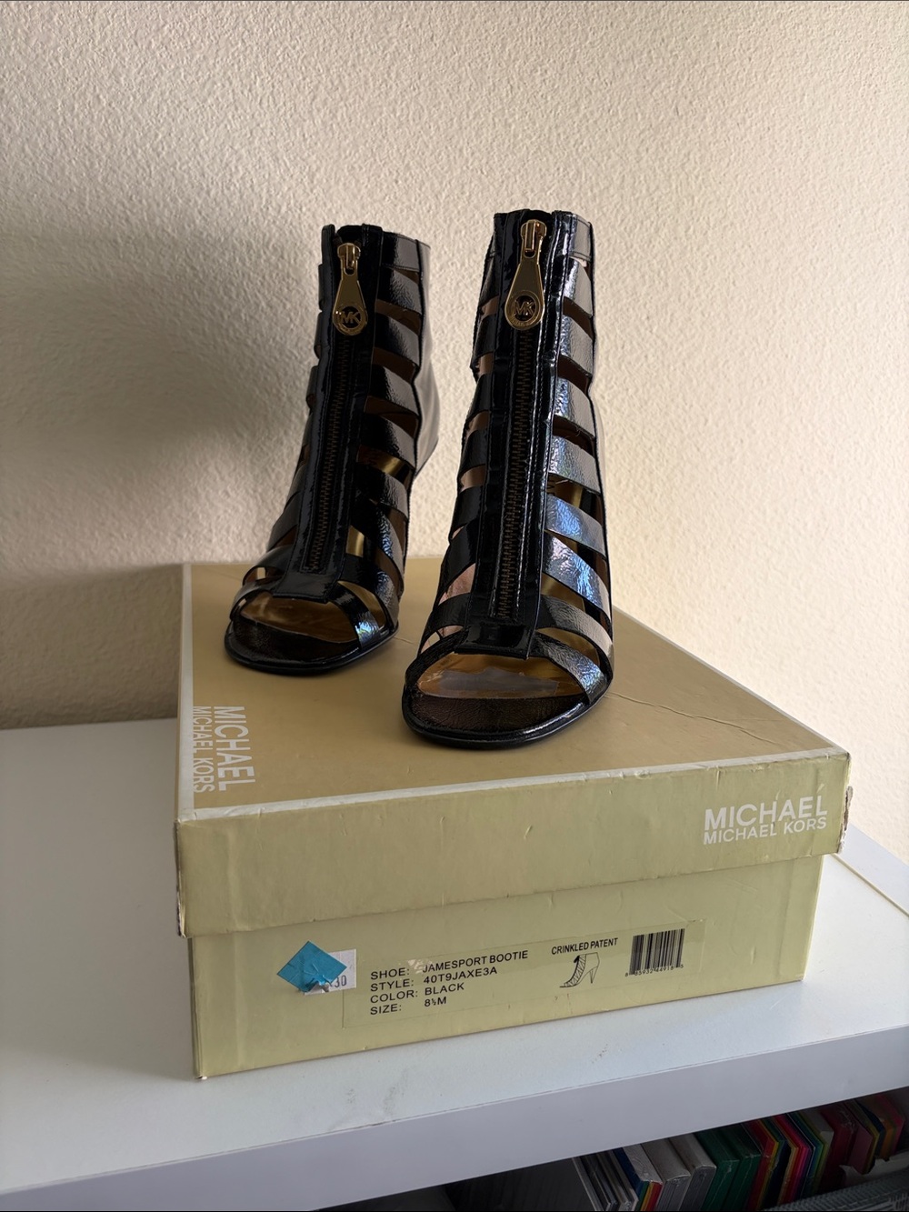 Michael Kors Black Patent Gladiator Zip Heeled Booties